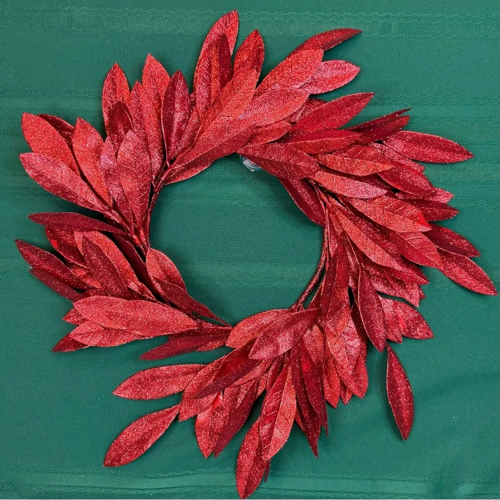 Wreath of Artificial Red Glitter Bay Leaves 18” at Widest Point